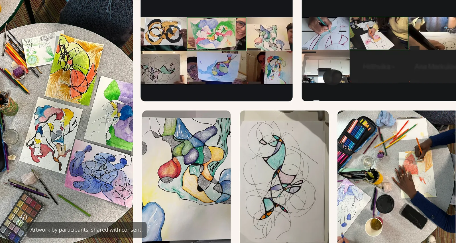 Six photos of artwork from UX for Change Collective sessions, in person and online, including participants holding up finished pieces on a video call.