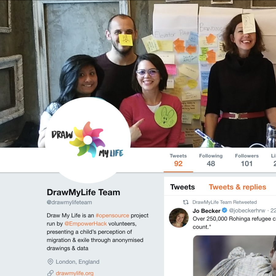 Four members of the Draw My Life team smiling in front of a wall of sticky notes, above the team's Twitter profile.