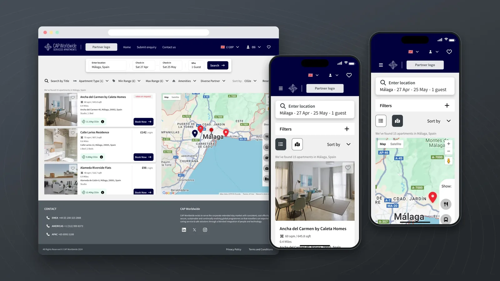 The CAPStore booking platform on desktop and two phones: search results for serviced apartments in Málaga as a list with prices beside a map, and the mobile list and map views.