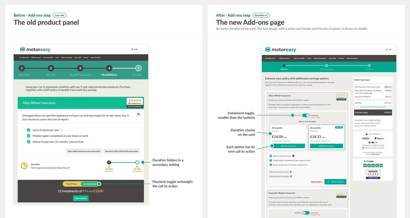 The live site's Add-ons product panel next to the first iteration of the new Add-ons page on desktop.