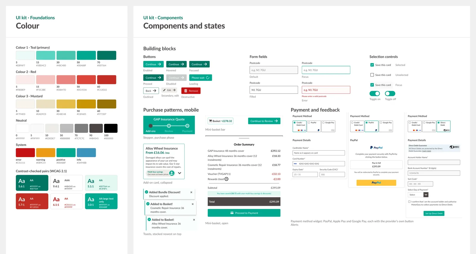 The MotorEasy UI kit: colour foundations with contrast-checked pairs, and components with their states, from buttons to the mini-basket and payment options.