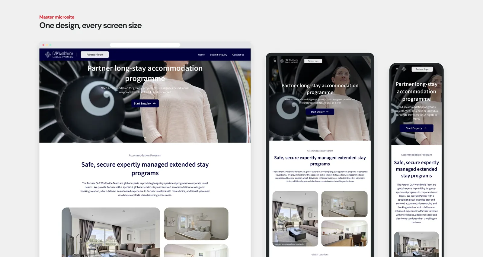 The master microsite, 'Partner long-stay accommodation programme', on desktop, tablet and mobile, with the same design adapting to each screen size.