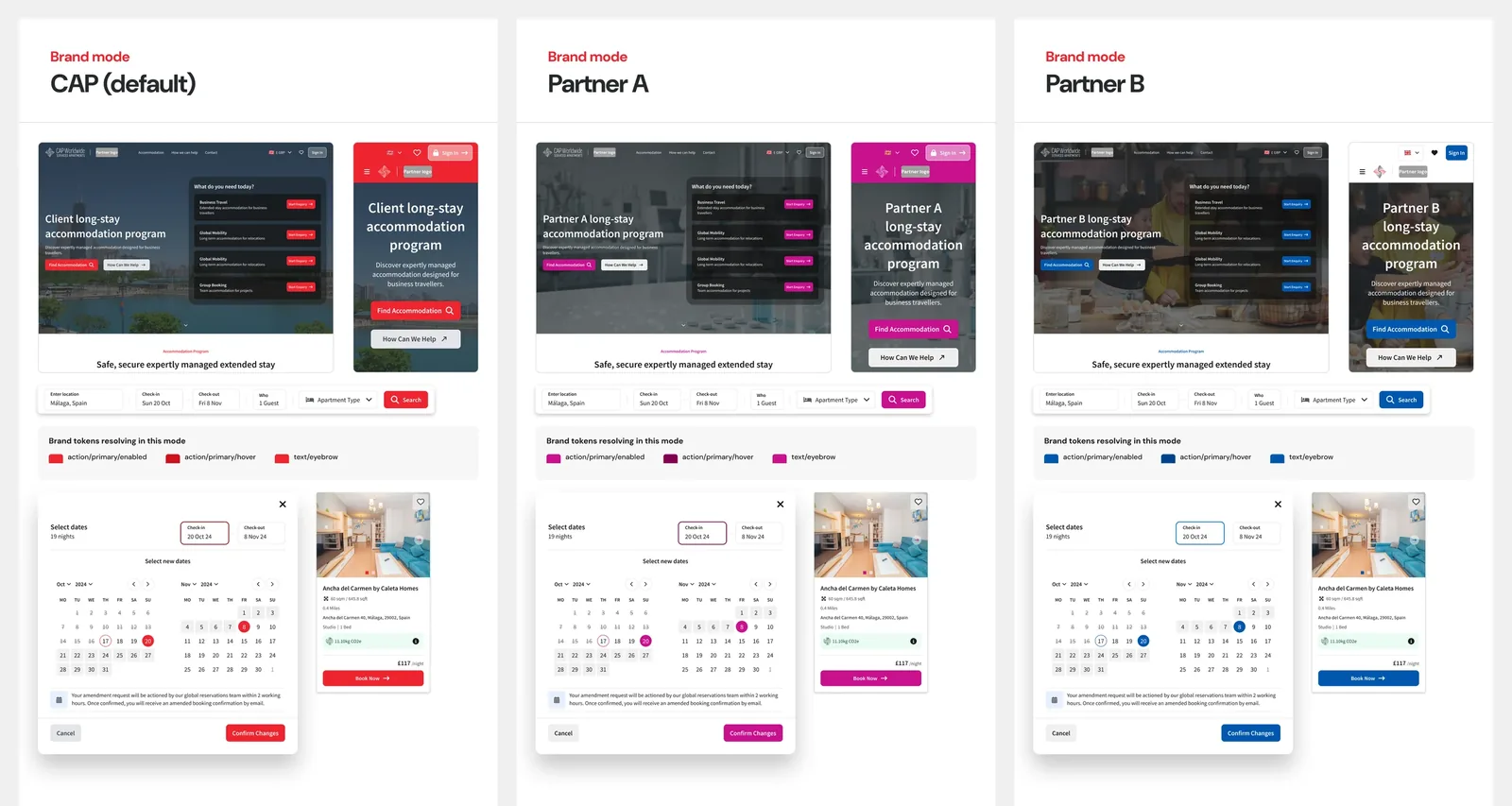 The same home page, search bar, date picker and property card shown in three brand modes: CAP in red, Partner A in magenta and Partner B in blue.